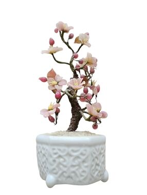 Gorgeous Vintage Japanese Cherry Blossom Musical Bonsai Tree 7" Ceramic Pot